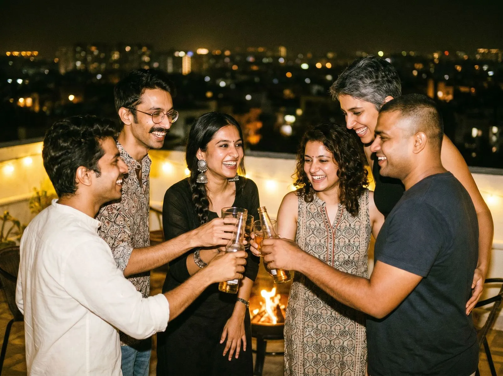 Friends mid-laugh at a rooftop
