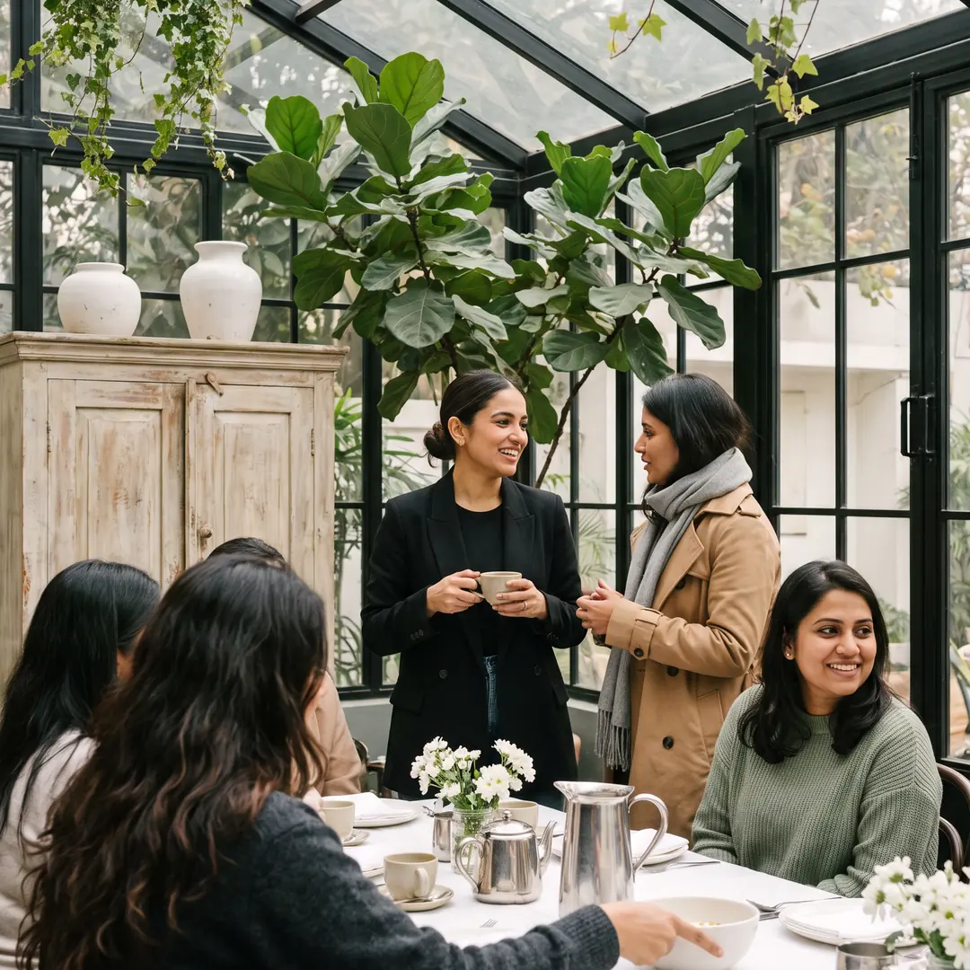 A long lunch table in a glasshouse cafe: two women standing with cups, talking and smiling, others seated at the table